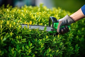 Garden Gasoline Scissors, Trimming Green Bush, Hedge, Professional Trimming, Generative AI Illustration