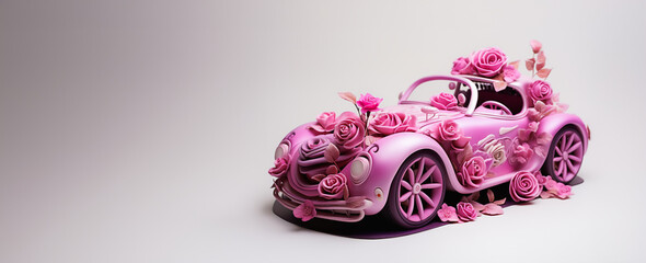 Pink car torte, chocolate wedding/birthday cake for car lovers, decorated with pink and magenta sugar roses.
