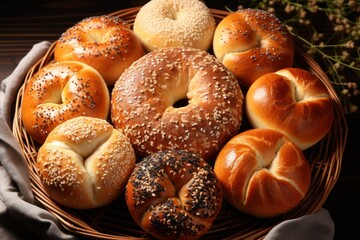Homemade pastries , buns, bagles in a round plate, on wooden background, closeup