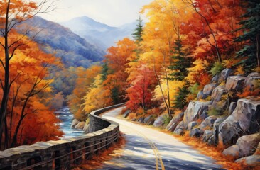 Naklejka na ściany i meble colorful vista of a road in autumn through trees Generative AI