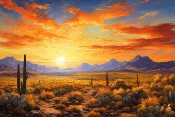 Tangerine sunsets painting desert horizons - obrazy, fototapety, plakaty