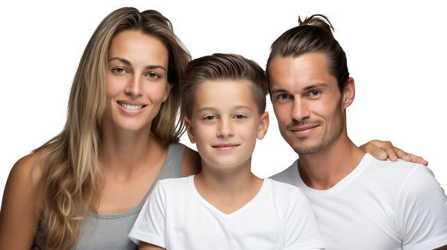 caucasian family wearing white shirts smiling standing isolated against transparent background
