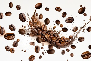 Obraz premium Flying coffee beans on white backgrounds