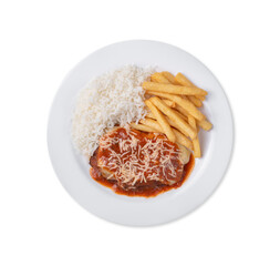 Parmigiana beef, rice and french fries. Typical brazilian executive dish isolated over white...