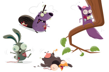 set of funny cartoon illustration of zombie animals