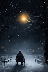 A single, mysterious figure, cloaked in shadows, sitting on a bench amidst the soft, golden lights of glowing lanterns, hanging from the boughs of snow-covered trees.
