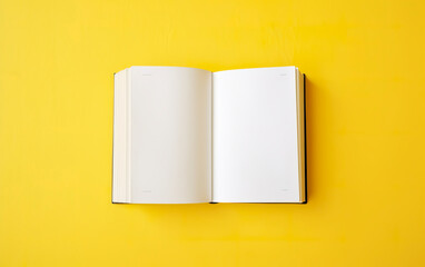 Blank pages of an open book rest delicately on a yellow background. Open white paper on top of yellow surface creating a vivid contrast. - obrazy, fototapety, plakaty