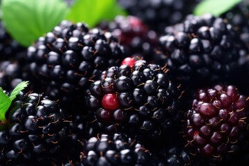 a close-up of a bunch of blackberries with green leaves