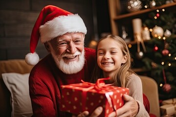 Happy Little Girl Receiving a Christmas Gift from her Grandfather, Generative AI Illustration - obrazy, fototapety, plakaty