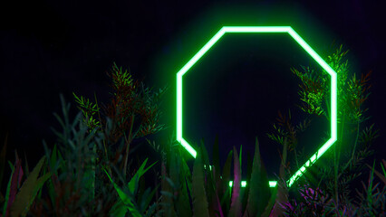 In a lush jungle, a green neon octagon. 3D fusion.