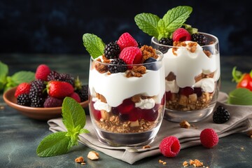 two glasses of dessert with berries and nuts on the table
