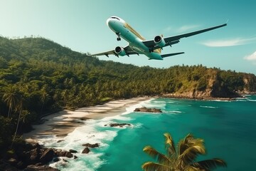 Fototapeta na wymiar Plane Landing at Tropical Resort, Jet Flies Over Ocean and Rainforest, Generative AI Illustration