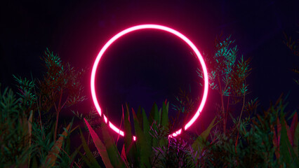 Amid tropical plants, a red neon circle. Retrowave 3D abstraction, merging nature and tech