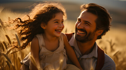 smiling man and girl in wheat field with long hair Generative AI