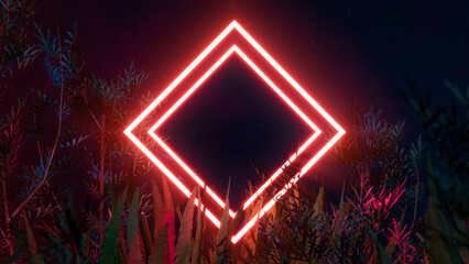 Among lush jungle, a red neon square. 3D illustration blends nature and tech