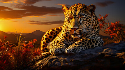 leopard sitting on a rock in the wild at sunset Generative AI