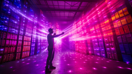 arafed man standing in a room with a large array of lights Generative AI