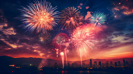 Fototapeta na wymiar fireworks are lit up in the sky over a city Generative AI