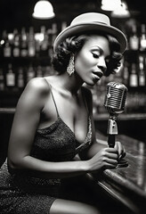 b&w illustration of a female black blues singer in a vintage bar, wearing a hat- generative 