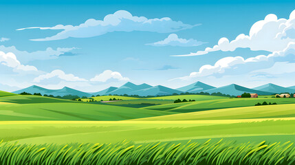 cartoon illustration of a green field with mountains and clouds Generative AI