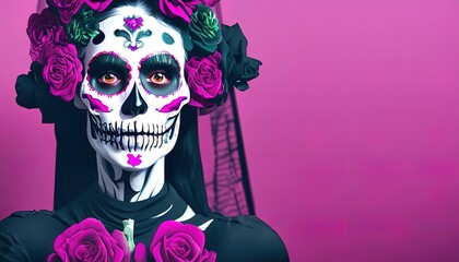 A woman with painted skull on her face for Mexico's Day of the Dead isolated over purple background with copy space. Traditional mexican Dia De Los Muertos Celebration. Mexican skull. Generative AI