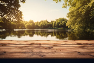Obraz premium An empty wooden table, on the edge of a lake