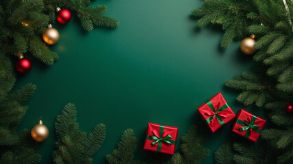 top view of green Christmas background, Christmas gifts and decoration with space for text and product presentation, red, golden and green tones