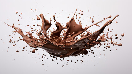 Splash of hot chocolate on a white background. Abstract bright splashes close-up. Swirl flow of a wave of chocolate with drops.
