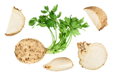Fresh celery root isolated on white background. Top view. Flat lay. Set or collection