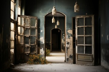 Abandoned structure's portals, old doors and windows, silently echoing bygone stories