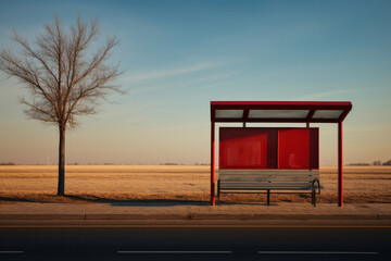 Overnight ground transport stop. Bench with lantern in city center. Place for billboard