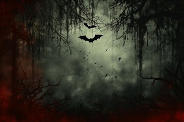 Creepy grunge texture highlighted by a sinister tree and hovering bats - obrazy, fototapety, plakaty