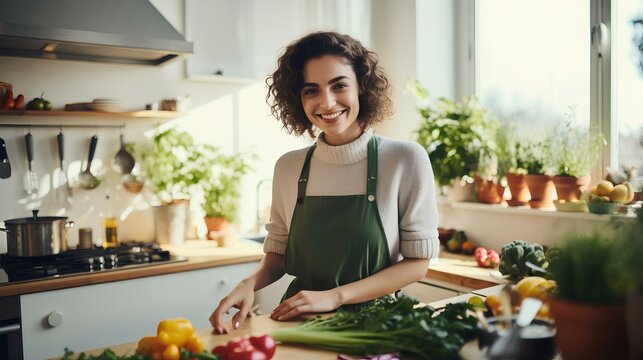 beautiful happy person wearing plain chef apron cooking in a beautiful modern mediterranean kitchen looking at the camera. colourful, healthy food in the kitchen. generative AI