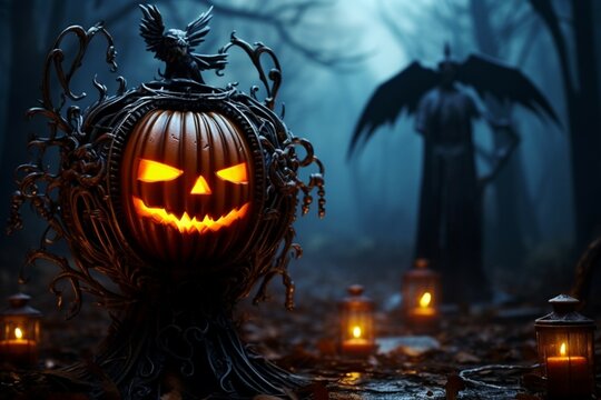 Maleficent pumpkin as the focal point of a spine tingling Halloween themed wallpaper