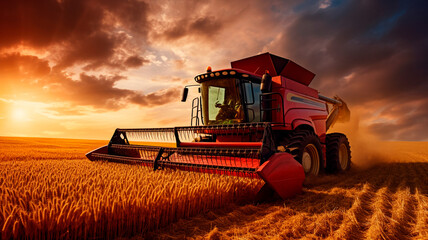 Obraz premium red wheat on a combine on wheat field.