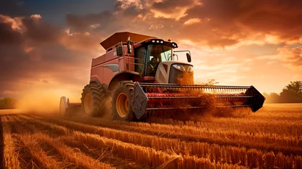 Fotobehang red wheat on a combine on wheat field. © Aram