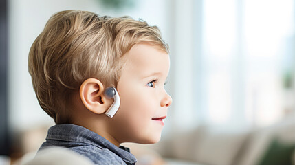Generative AI, little kid, toddler, boy or girl with a hearing aid in his ear against the background of the living room, poor hearing, sound amplifier for the deaf, hard of hearing child, disabled - obrazy, fototapety, plakaty
