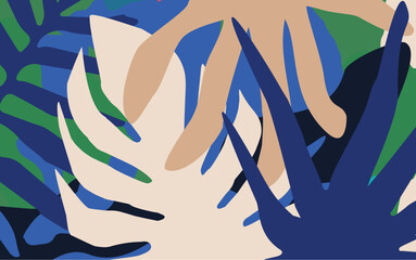 Colorful tropical leaves poster background vector illustration. Exotic overlapping and simple plants, branches, and leaves art print for beauty and natural products, spa and wellness, fabric, fashion