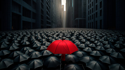 Red umbrella among black ones