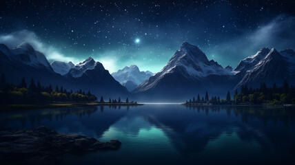 Fototapeta na wymiar beautiful night starry sky with mountains and lake