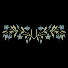 Symmetrical floral design with two blooming branches of nightshade plant. Botanical border with green leaves and blue flowers on black background. Folk style.