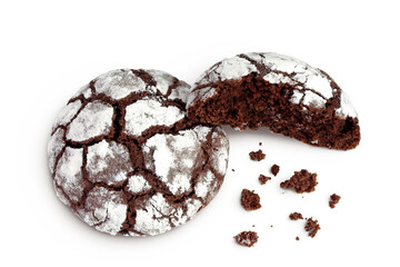 Chocolate brownie cookie isolated on white background. Top view. Flat lay
