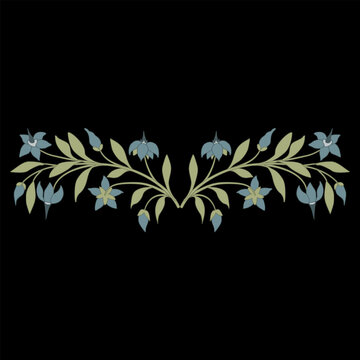 Symmetrical floral design with two blooming branches of nightshade plant. Botanical border with green leaves and blue flowers on black background. Folk style.