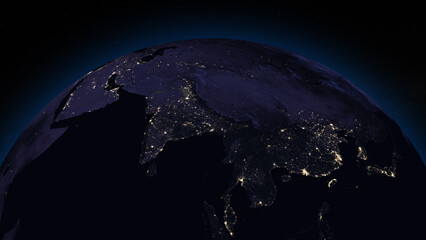 Planet Earth focused on Asia by night. Illuminated cities on dark side of the Earth. Elements of...