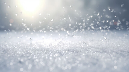 Background with snow and blurred bokeh.Merry Christmas and happy New Year greeting card with copy-space.