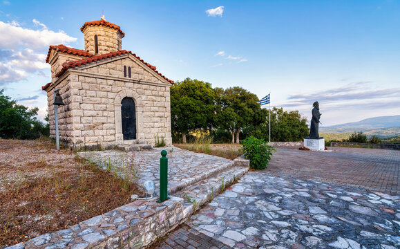 Statue of Papaflessas at the historical old village Maniaki in Messenia, Greece.