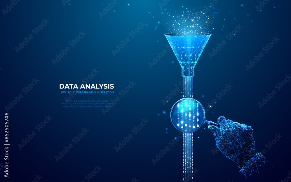 Aufkleber Abstract funnel with data stream and hand with magnifying on dark blue background. Data analysis concept. Digital internet wave or flow. Low poly wireframe vector illustration in a futuristic style.
