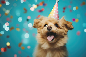 A festive dog wearing a party hat and sticking its tongue out. Perfect for celebrating special occasions and adding a touch of fun to any project.