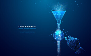 Abstract funnel with data stream and hand with magnifying on dark blue background. Data analysis concept. Digital internet wave or flow. Low poly wireframe vector illustration in a futuristic style.