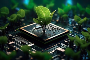 A plant growing among technology, electronic chips.